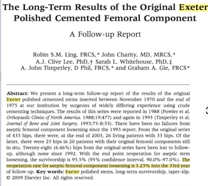  Estudo demonstrando durabilidade além dos 30 anos do implante de Exeter. 